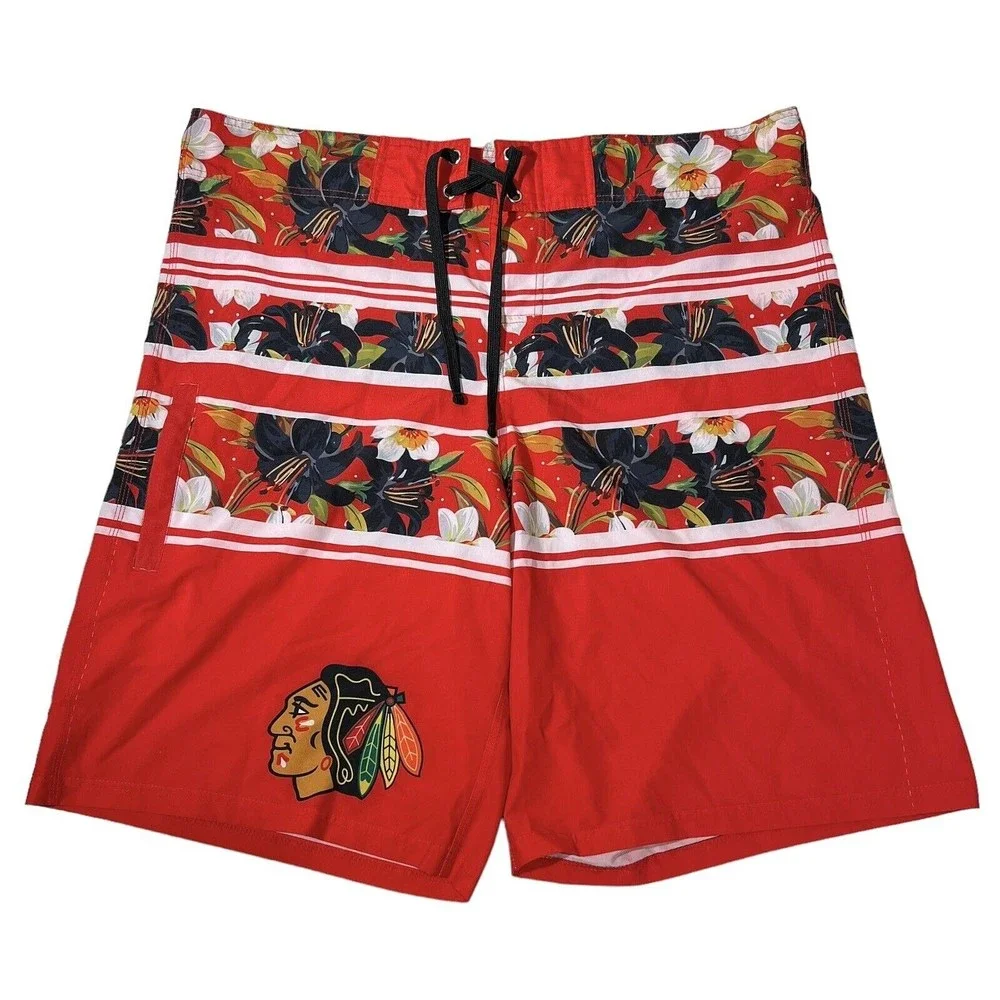 NHL Official Licensed Chicago Blackhawks Board‎ Shorts Big Logo Red Aloha Sz 38